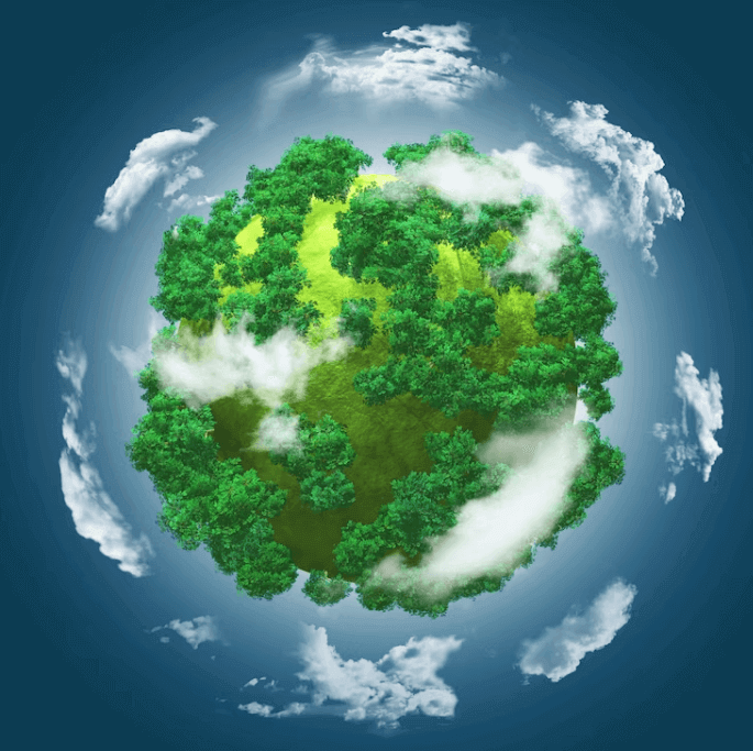 Planeta Terra pintado de verde e com várias árvores plantadas.