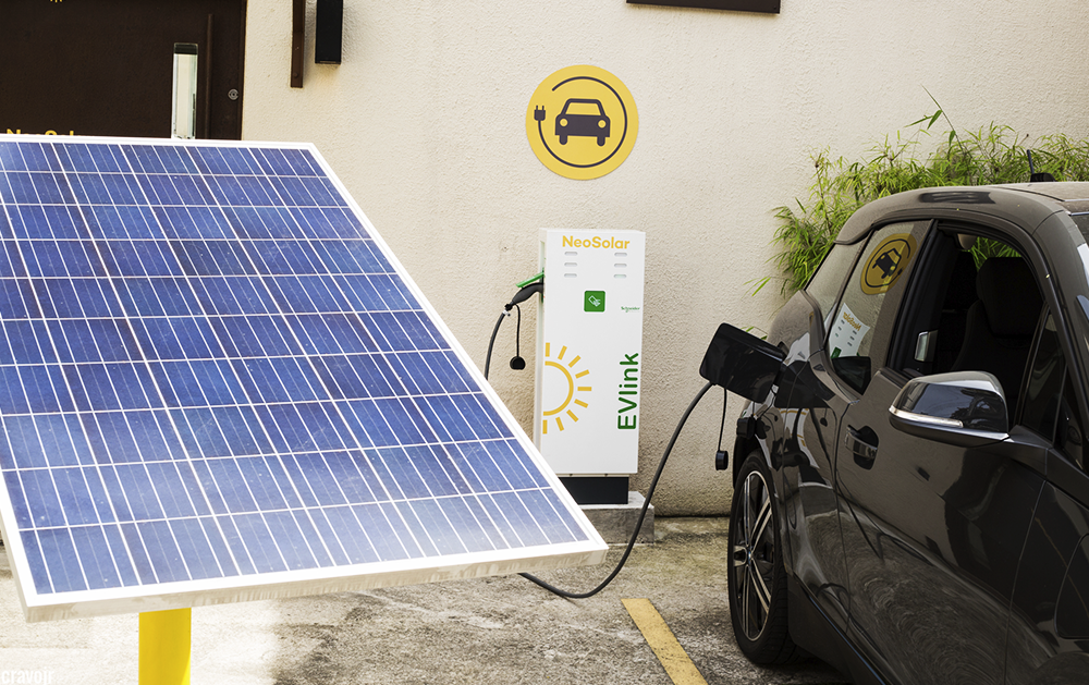 Carro elétrico carregando com energia solar.